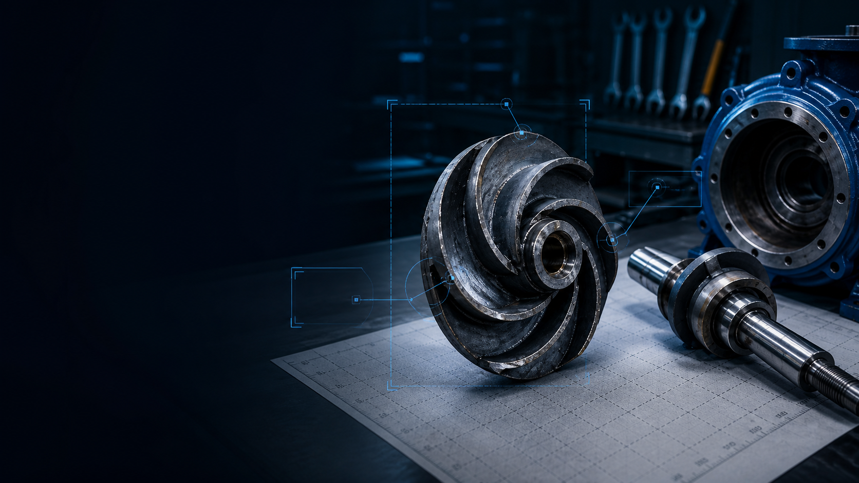 Industrial pump impeller, casing, and shaft arranged for an evidence-guided inspection